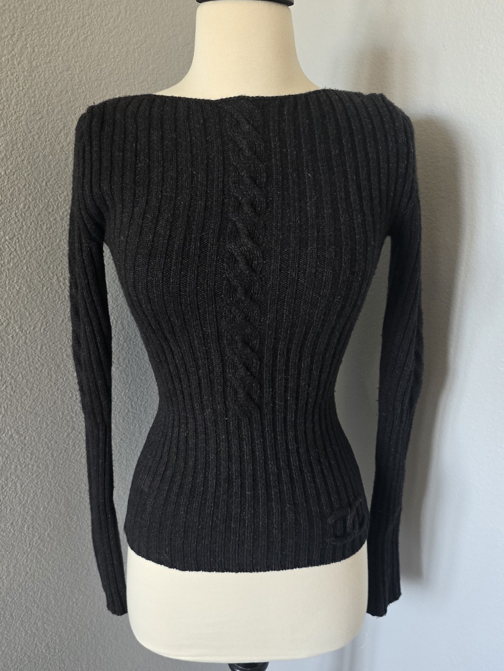 Authentic Chanel Cable Cashmere Wool Boatneck Sweater Cc Logo 34 Extra Small